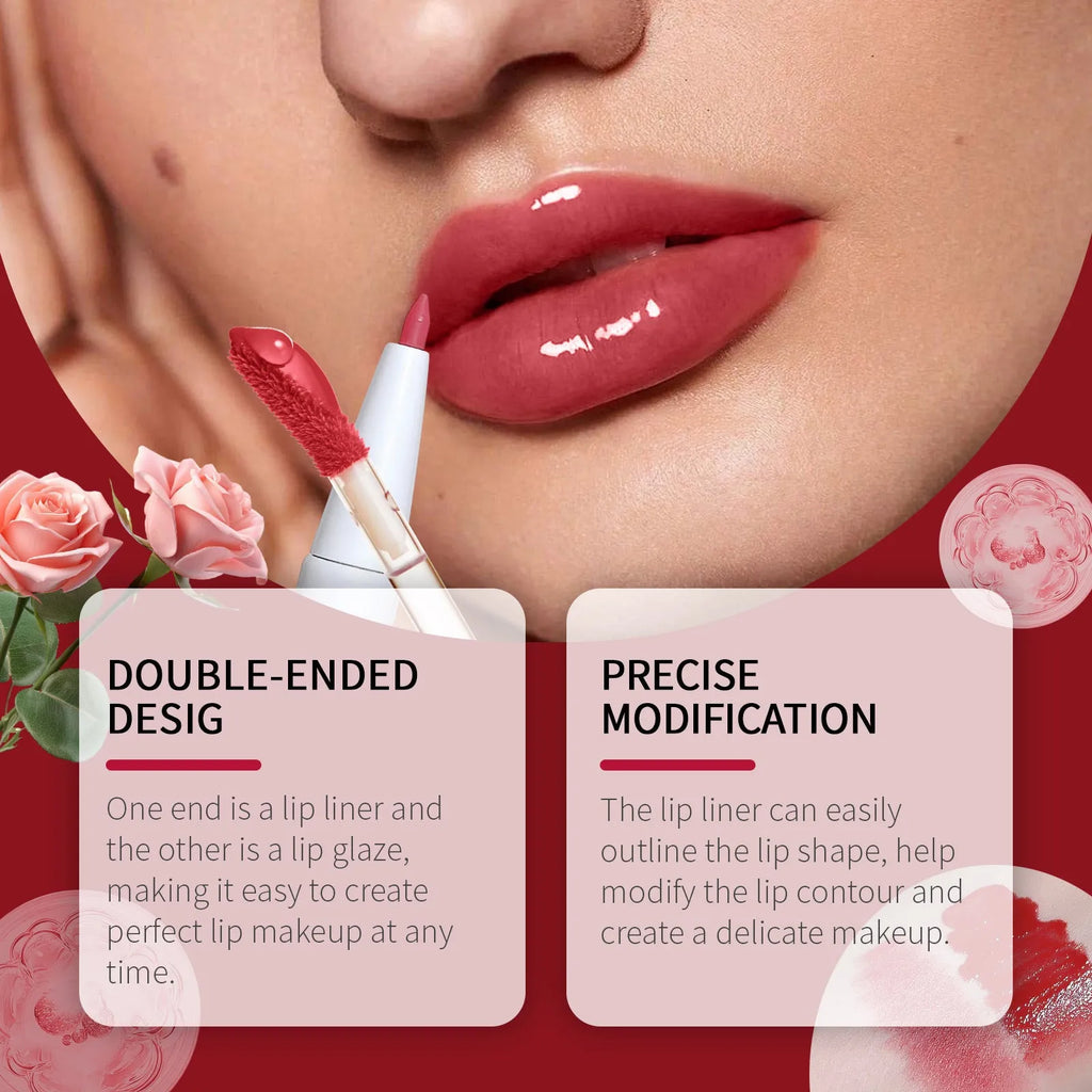 Double-headed retractable lip liner and lip lacquer pen in lipstick-style packaging