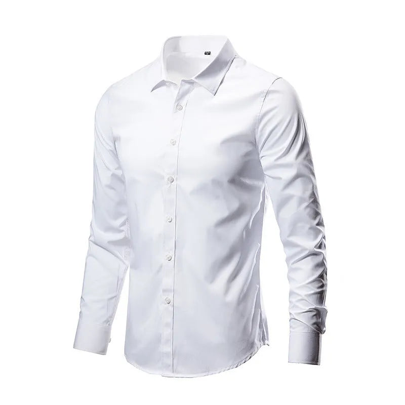 Simple trendy long-sleeve slim linen shirt in loose fit available in multiple colours including black brown and navy blue