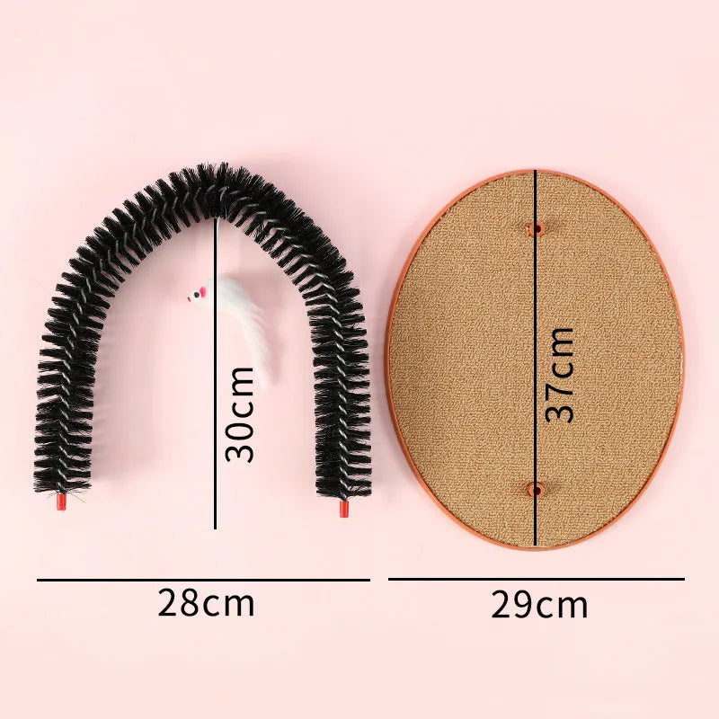 Black plastic cat hair rub anti-itch device with arch brush and attached lanyard mouse toy