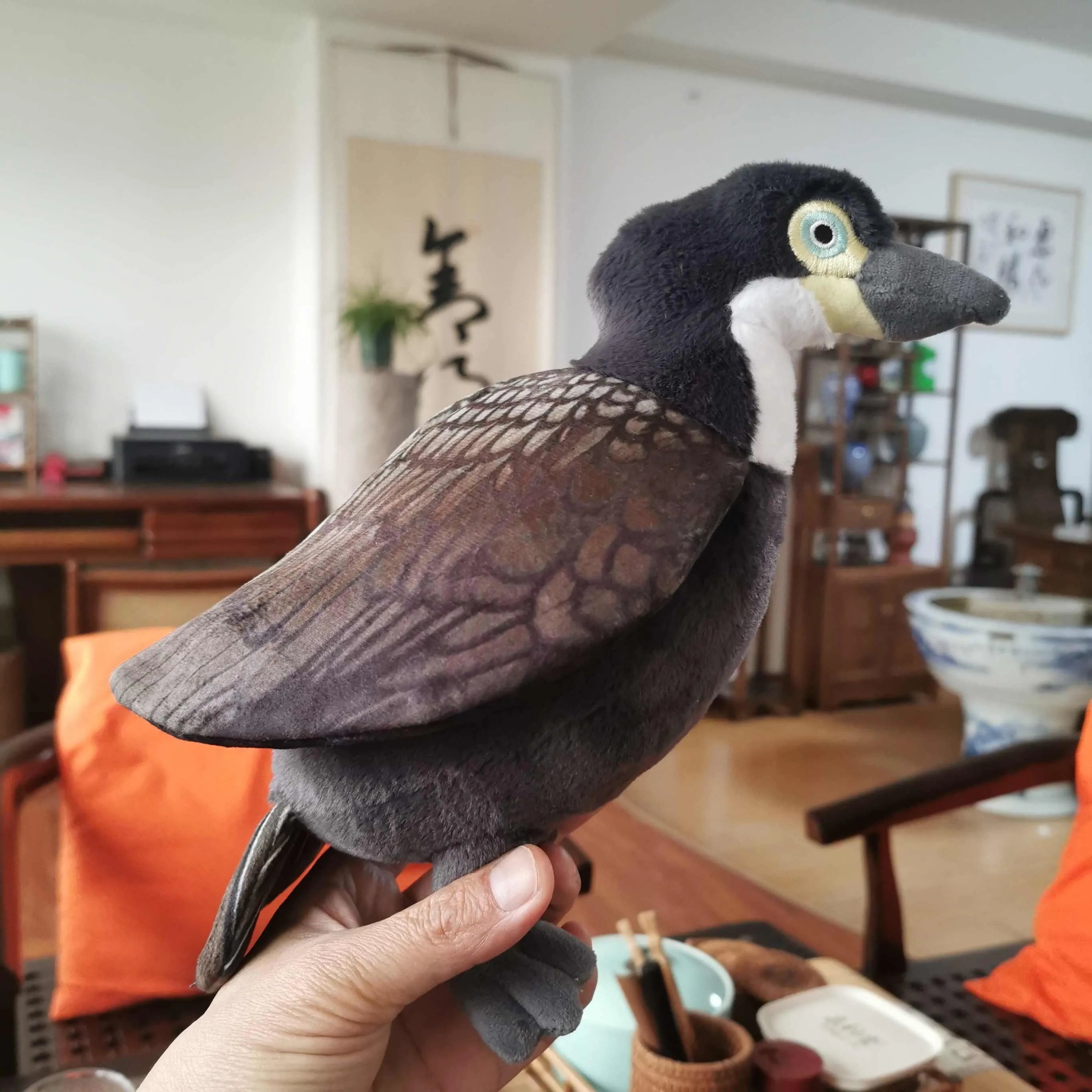Guilin Lijiang cormorant medium plush doll in black and white 27cm tall polyester filled
