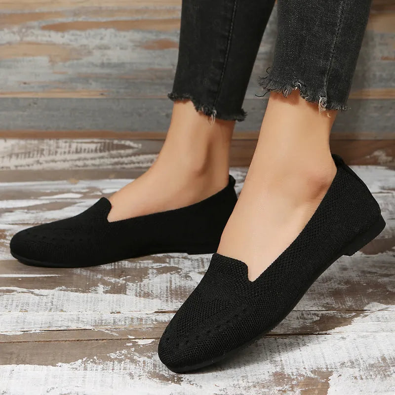 Fly woven mesh low-cut slip-on flat shoes for women in beige, round toe, rubber sole