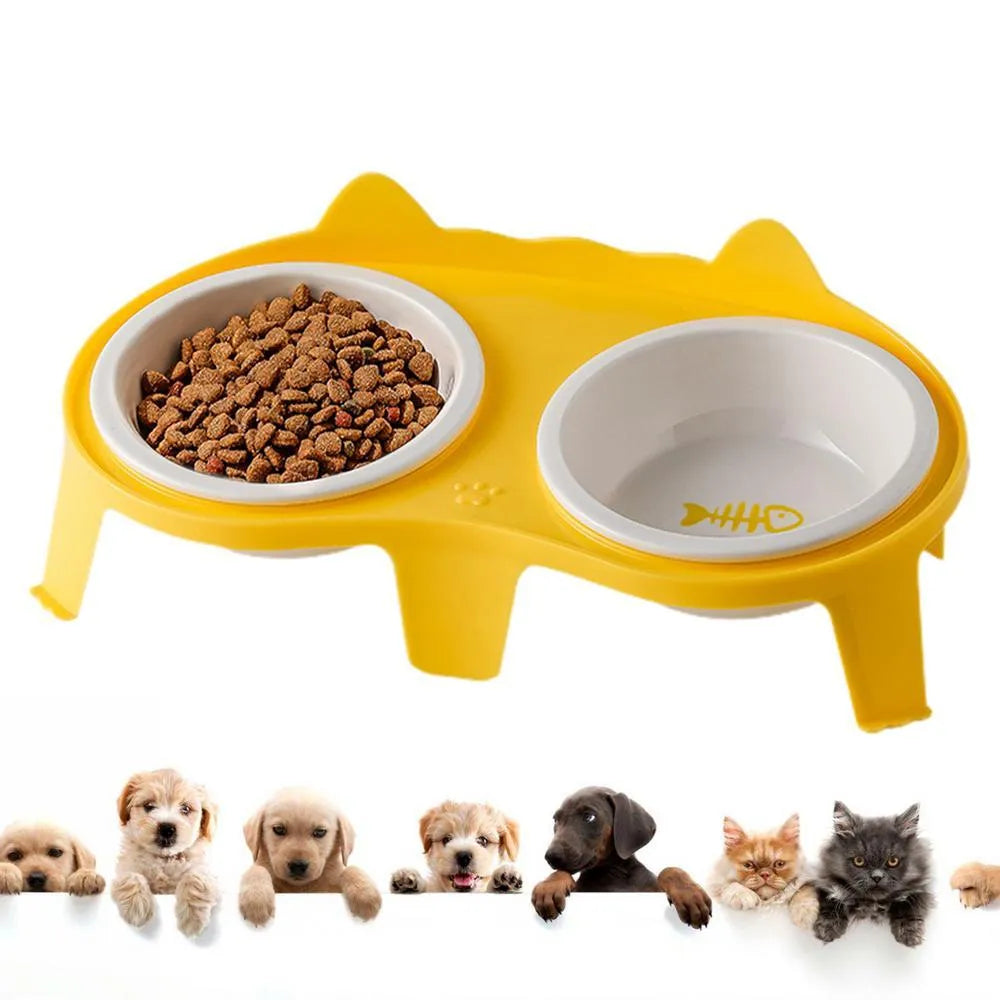 Ceramic cat food and water bowl set with elevated tilted stand in blue, pink, white, or yellow
