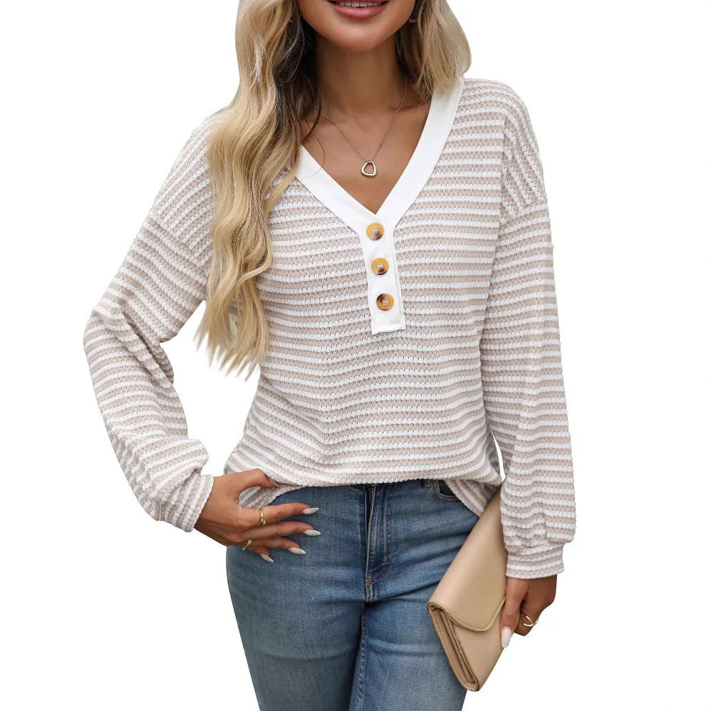 Women's loose V-neck button front casual top with patchwork design in multiple colours
