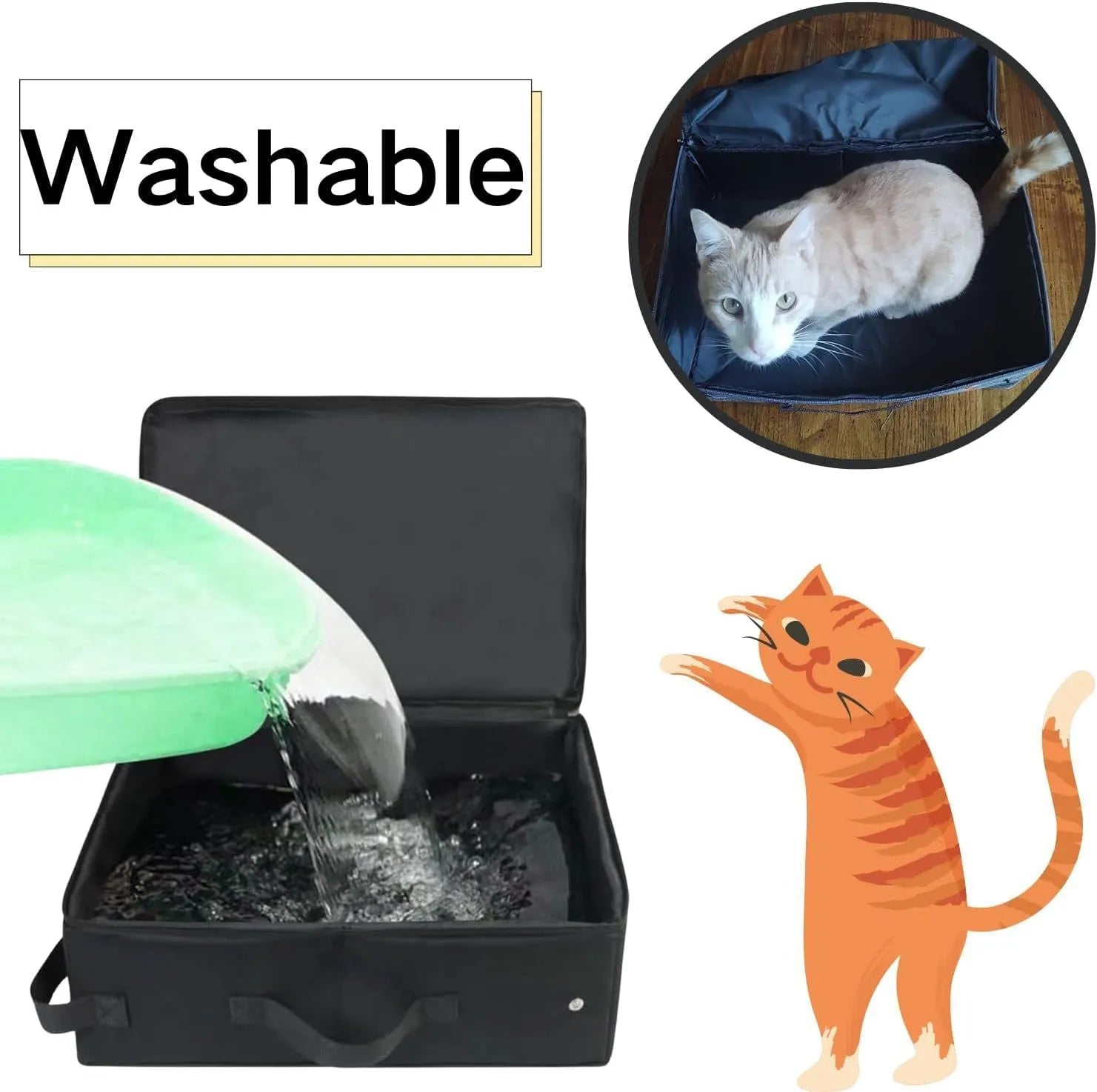 Black 600D Oxford cloth folding cat litter box open on floor showing 40x30x15cm size