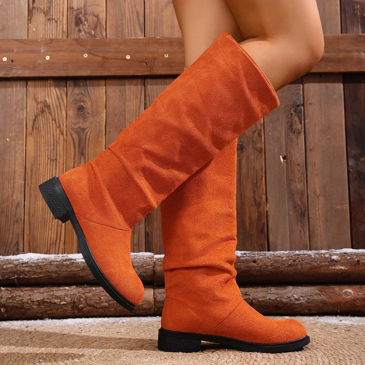 Cow suede high leg chunky heel boots side view