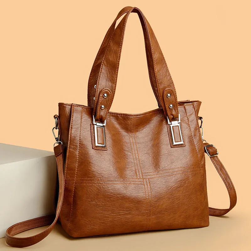 Soft PU women's handbag horizontal square shape with sewing thread detail in five colours black dark gray khaki lake blue yellowish brown