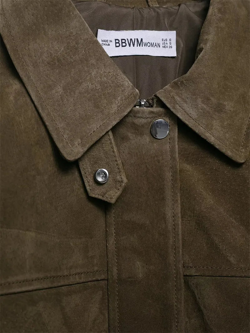 Women's PU jacket in picture colour with Japanese Korean casual style on a model.