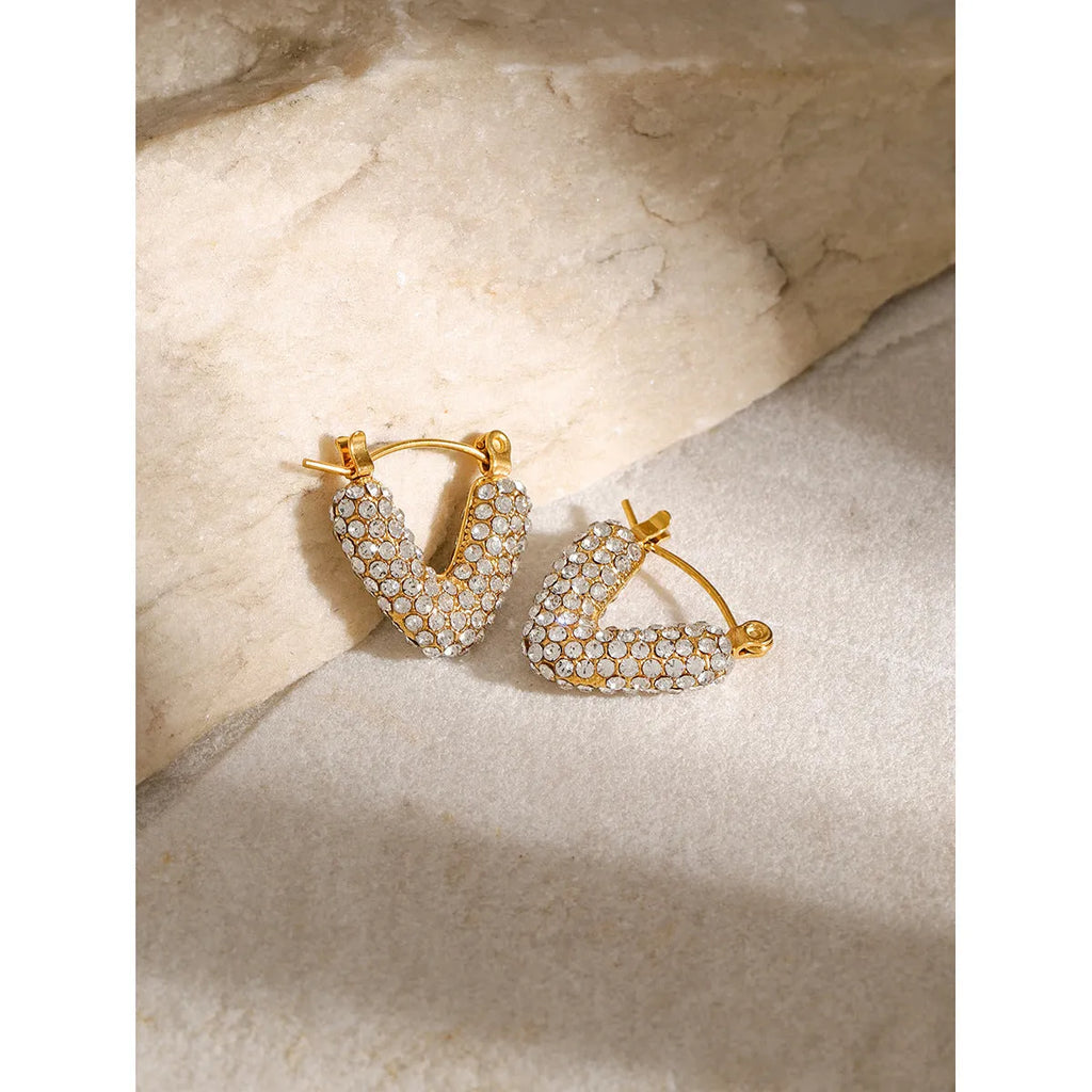 Hollowed-out cabas stainless steel drop earrings with inlaid rhinestones and electroplated finish