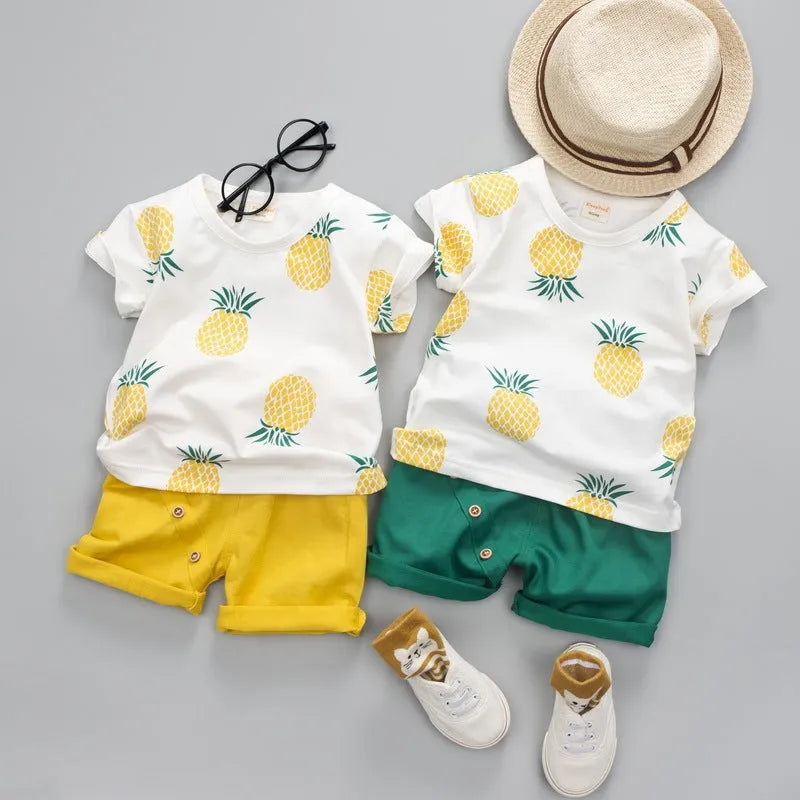 Summer kids two-piece suit in pineapple yellow with short-sleeved T-shirt and shorts for toddlers 80-120cm