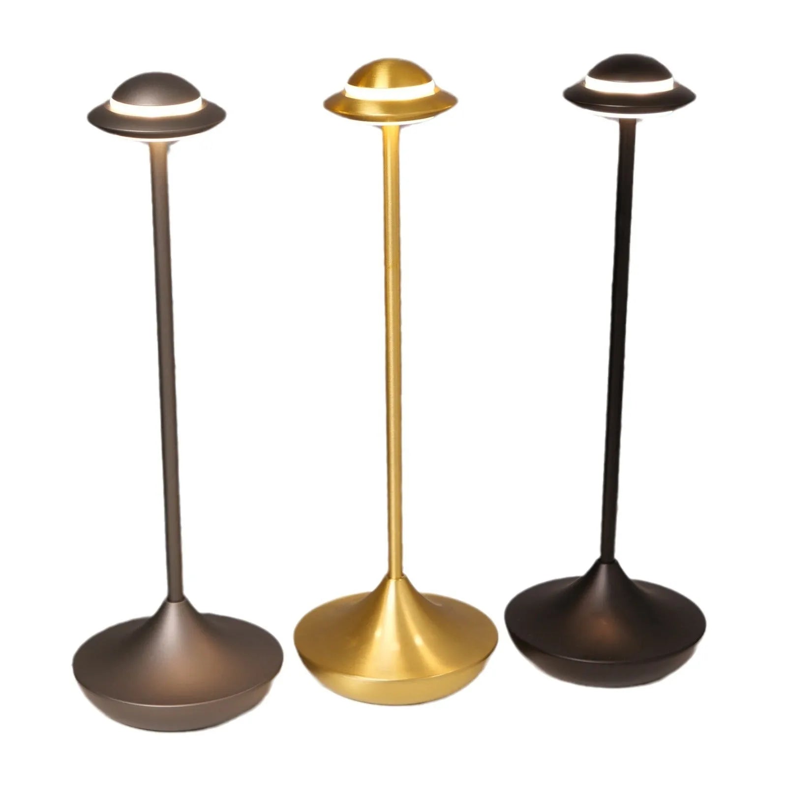 Rechargeable UFO desk lamp with metallic construction in gold, grey or black with touch dimming controls