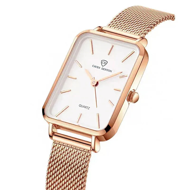 Women's waterproof quartz watch with alloy case and woven steel strap in rose gold or silver
