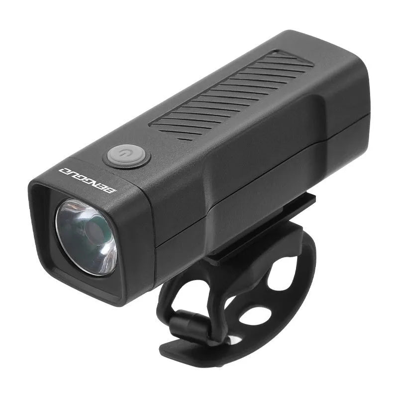 USB rechargeable bicycle headlight with quick release strap bracket mounted on handlebars