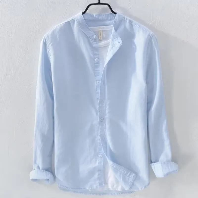 Loose fit men's long sleeve cotton linen shirt in solid dark blue, gray, khaki, light blue, and white colours