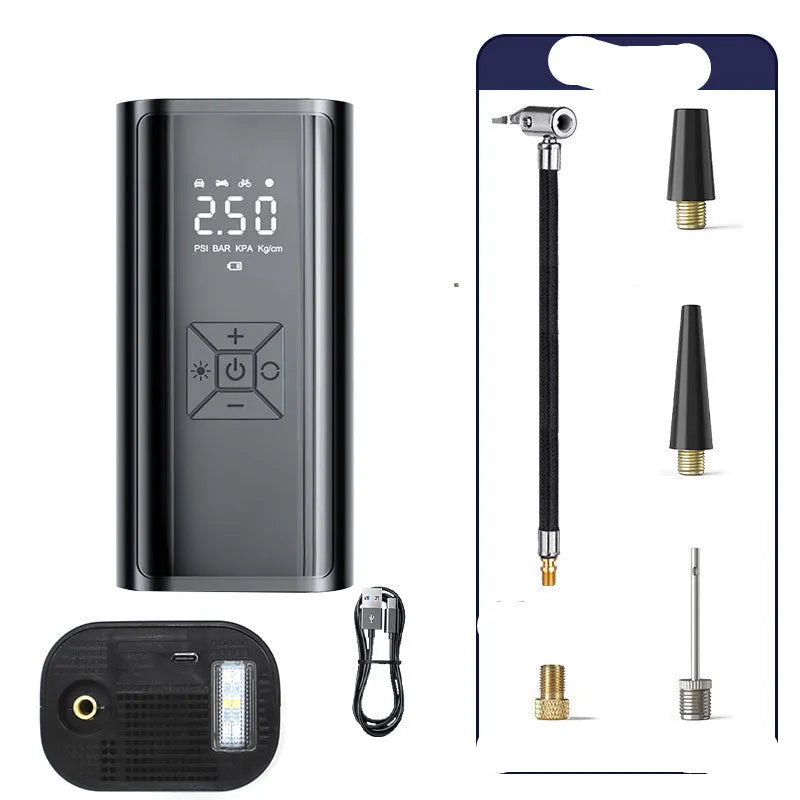 Wireless digital display car tyre pump with LED light and flexible inflation hose