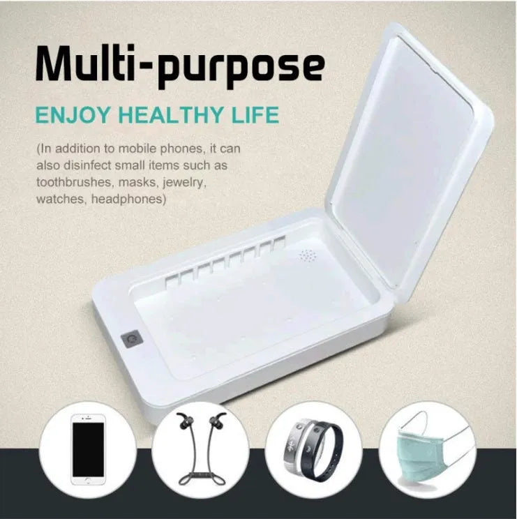 Blue UV phone sterilizer disinfection box with closed lid on a table.