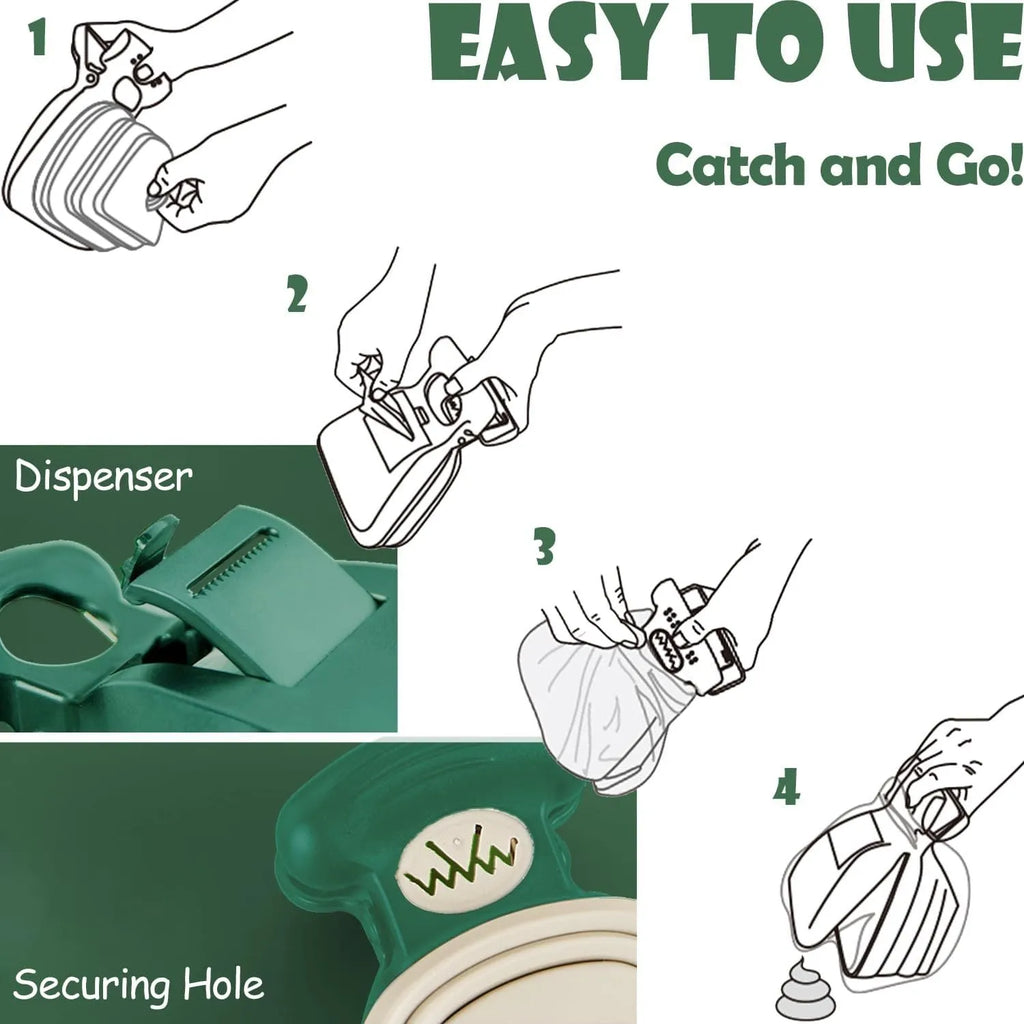 Blue portable pooper scooper with expandable container and carabiner clip for dog waste cleanup