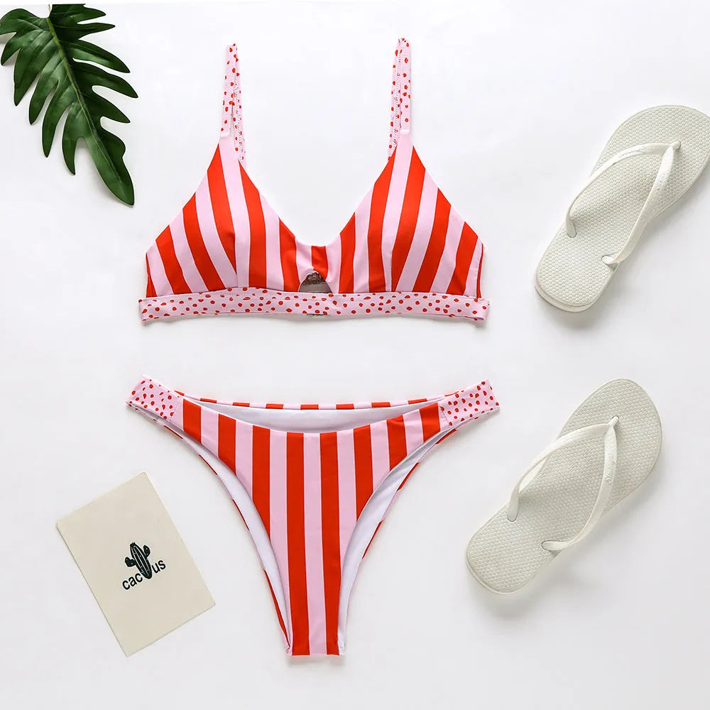Women's bikini swimsuit set in polyester, shown in black with white dots and red with white stripes patterns.