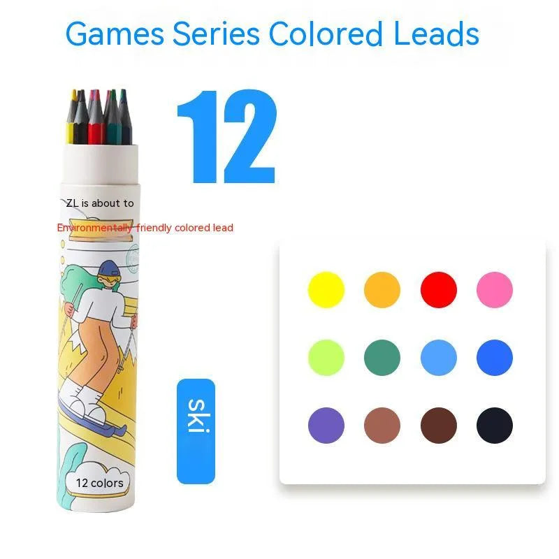 Zhenglin Sports Series colour pencils in a set with a paper barrel, showing multiple colour options.