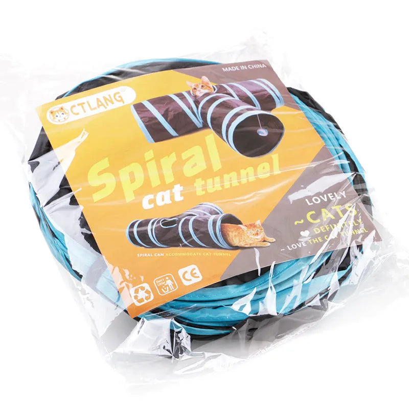 Foldable blue pet tunnel with steel wire frame and multiple openings for small animals