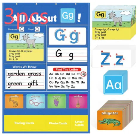 Alphabet learning sleeve table chart with educational cards measuring 60x40cm