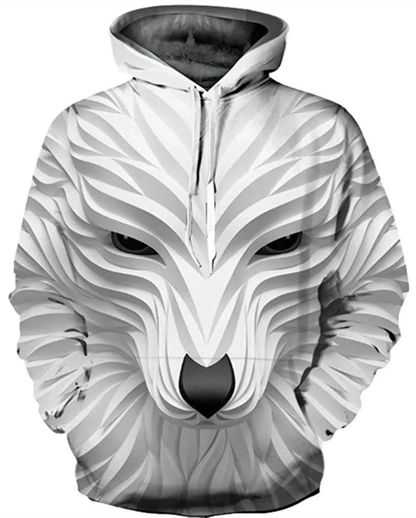 Men's long sleeve hoodie with 3D animal print, round neck, and hood