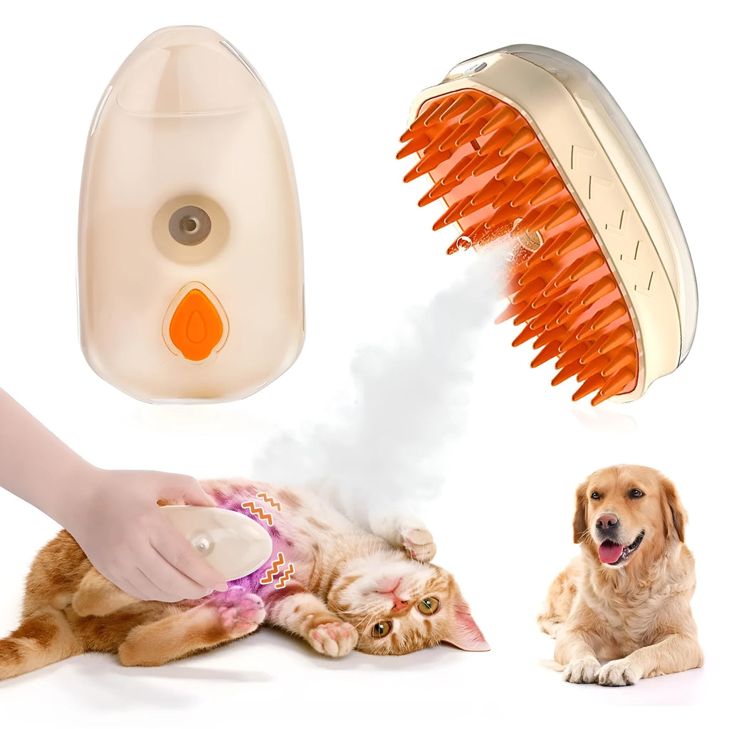 Yellow 4-in-1 USB rechargeable cat steam brush with silicone teeth, water tank, and ringworm detector lamp.