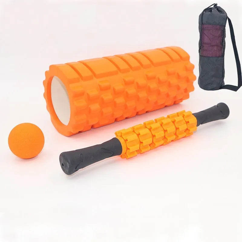 Black six-piece foam roller and massage bar set with 33cm stick for fitness recovery