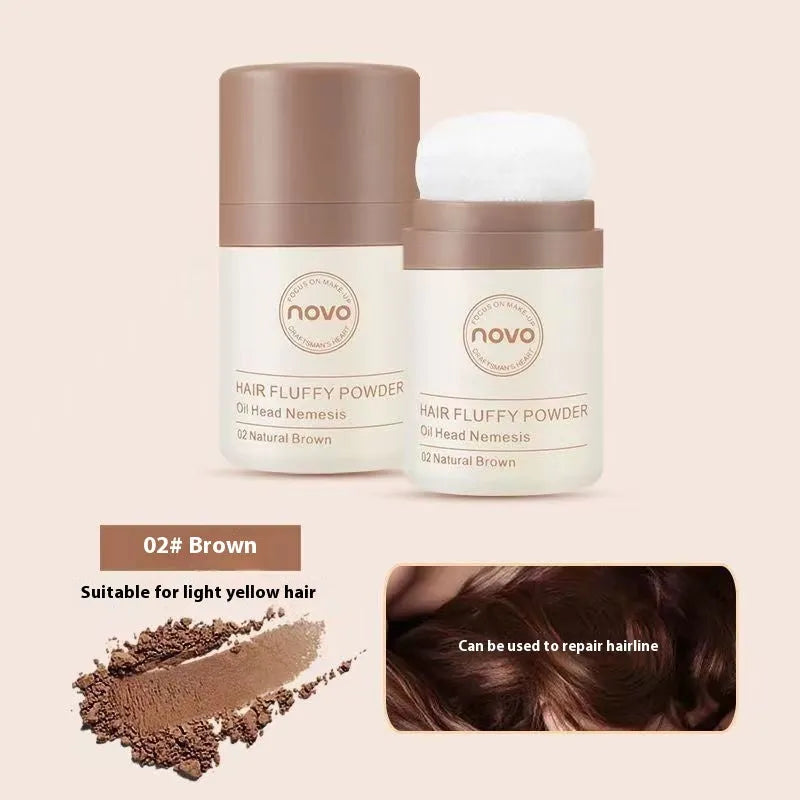 Mattifying oil control face powder compact for oily skin and bangs hairline in transparent, brown, and dark brown shades.