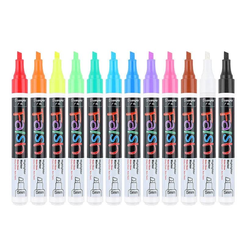 Refillable electronic fluorescent board highlighter pen with oblique 6mm tip, shown with 8 colour cartridges.