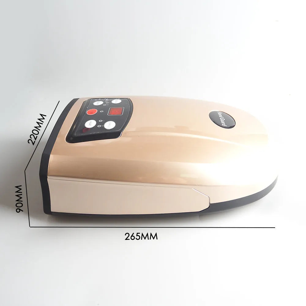 Electric heated palm massager in Pearl White with hand inside, showing 6W power and dimensions 265x220x90mm