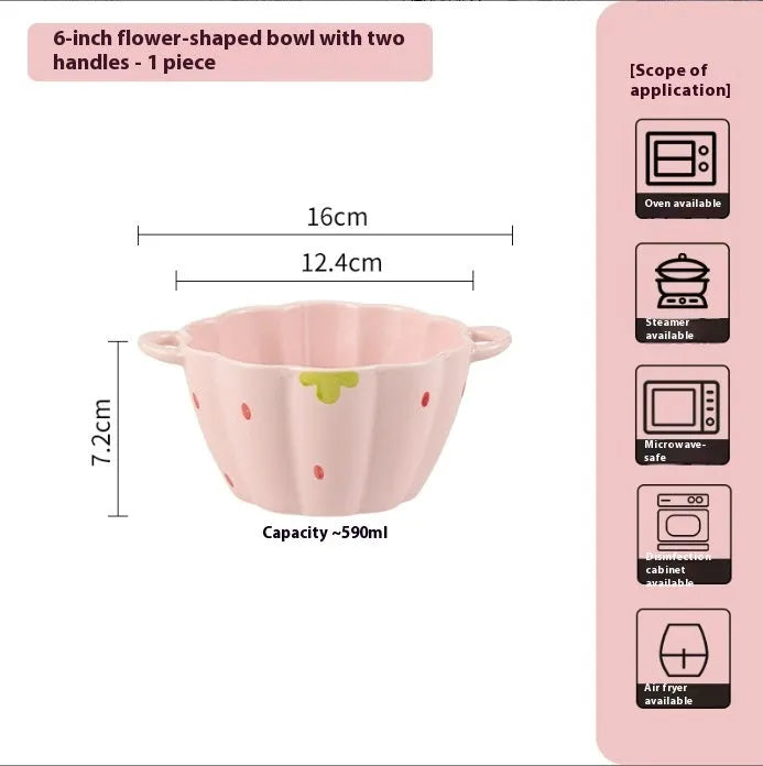 Cute strawberry-themed porcelain dinnerware set with flower bowl, straw hat plate, disc, and twist spoon.
