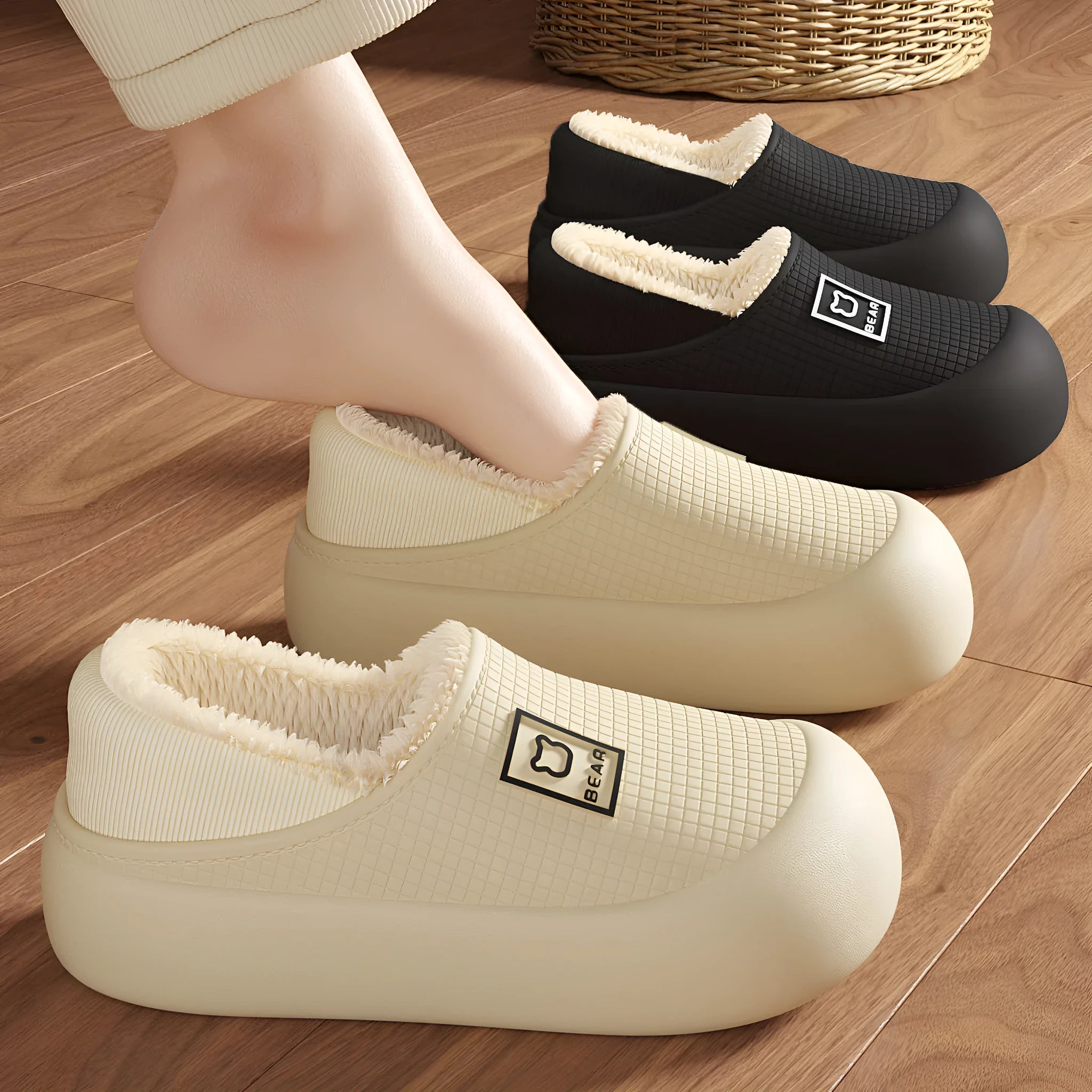 Indoor waterproof warm cotton slippers for women, thickened EVA upper, light coffee colour, cartoon pattern