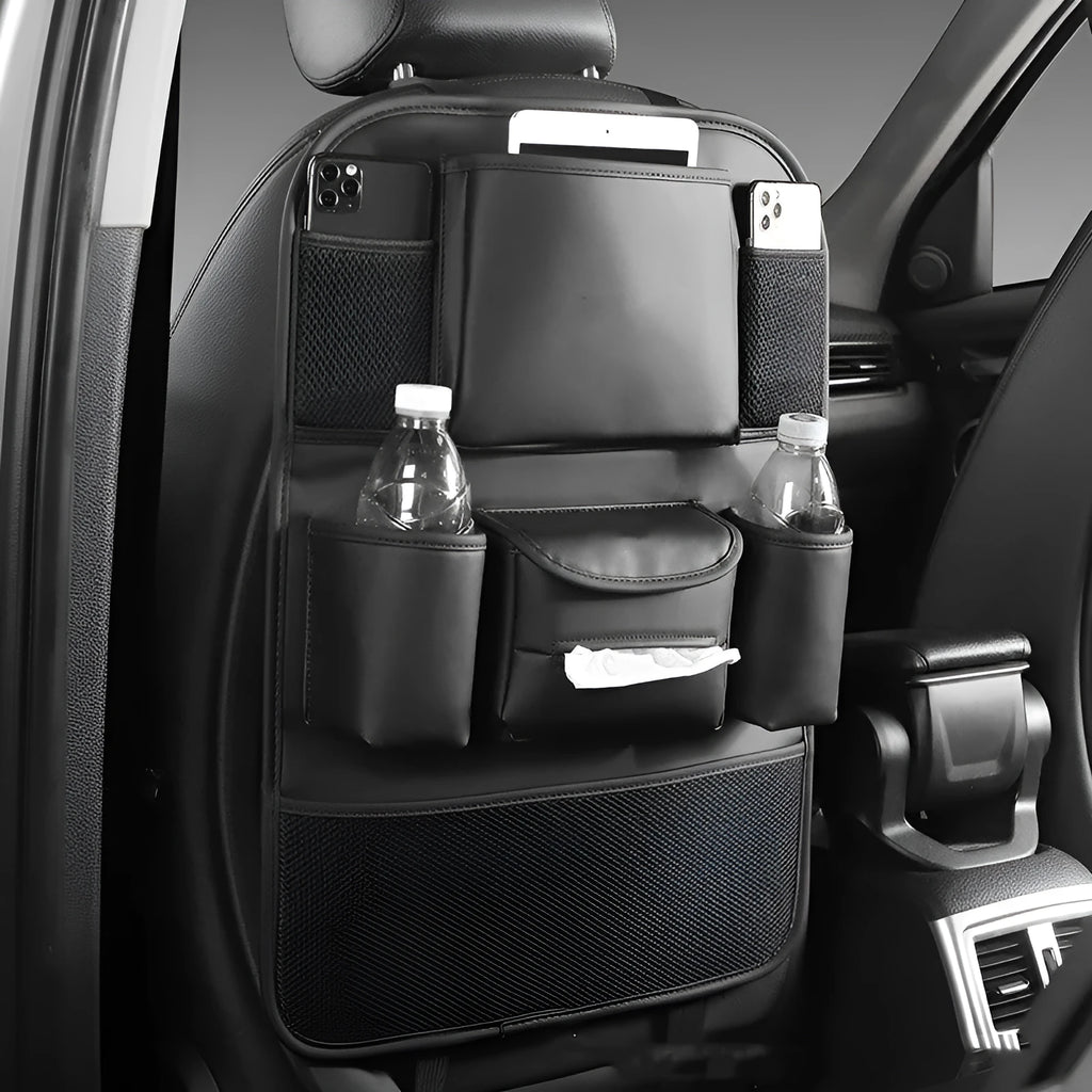 Leather car seat back storage bag in hanging design available in four colours