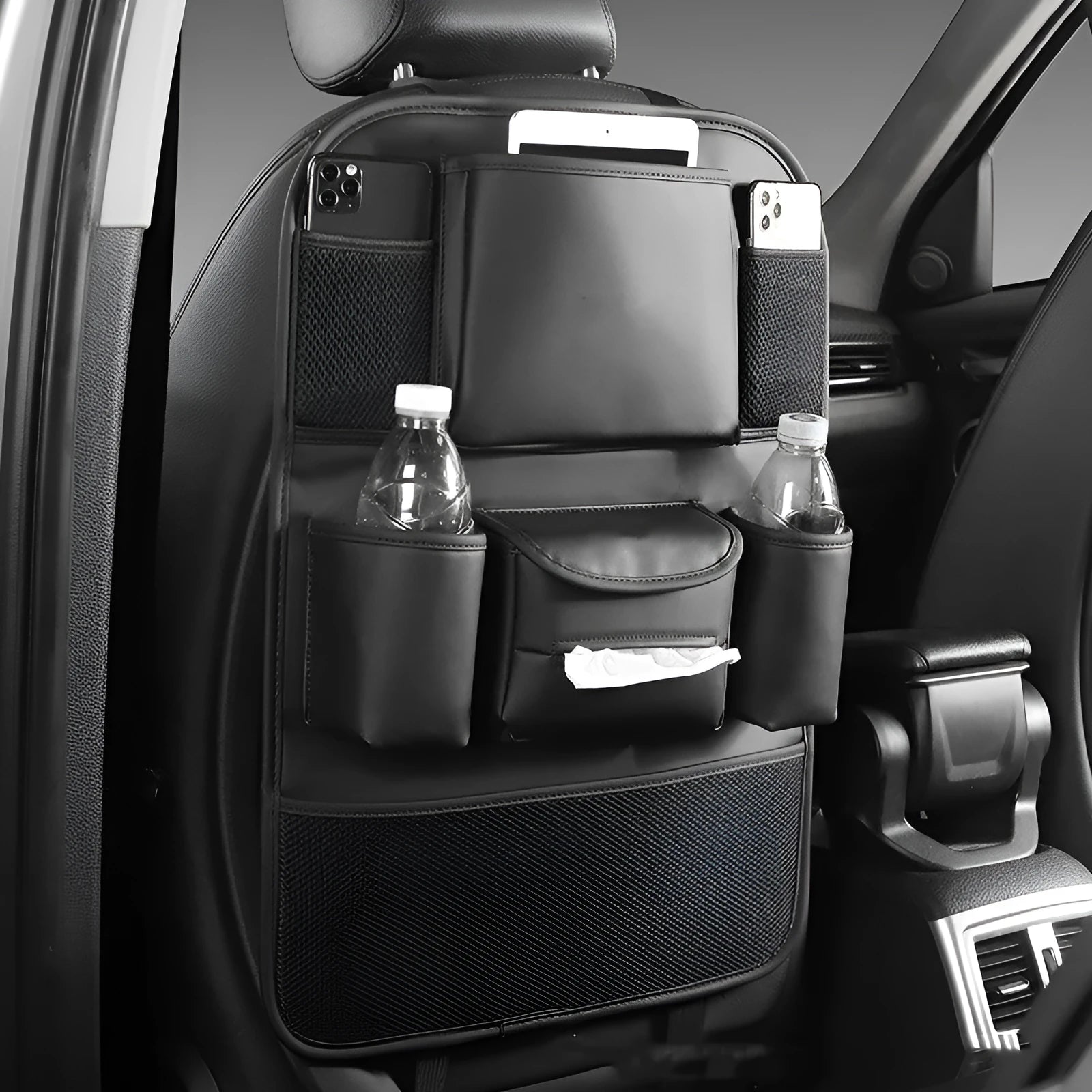 Leather car seat back storage bag in hanging design available in four colours