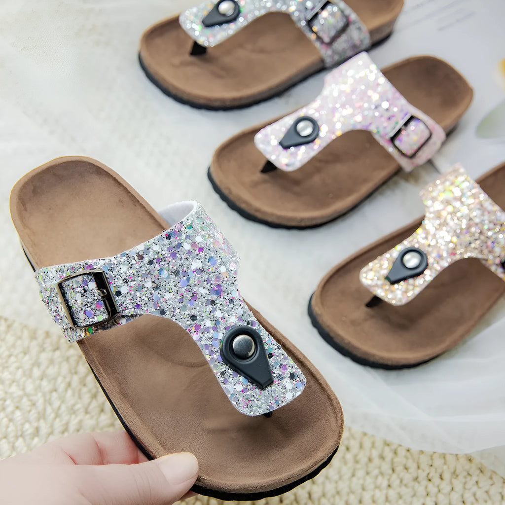 Gold, pink, or silver cork flip-flops with PVC sole and frosted artificial leather upper