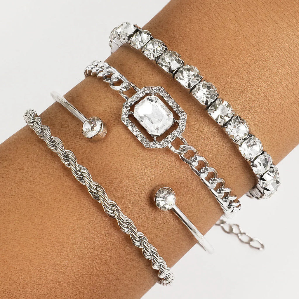Set of 4 crystal bracelets - bohemian design, adjustable alloy, rhinestones, women's jewelry