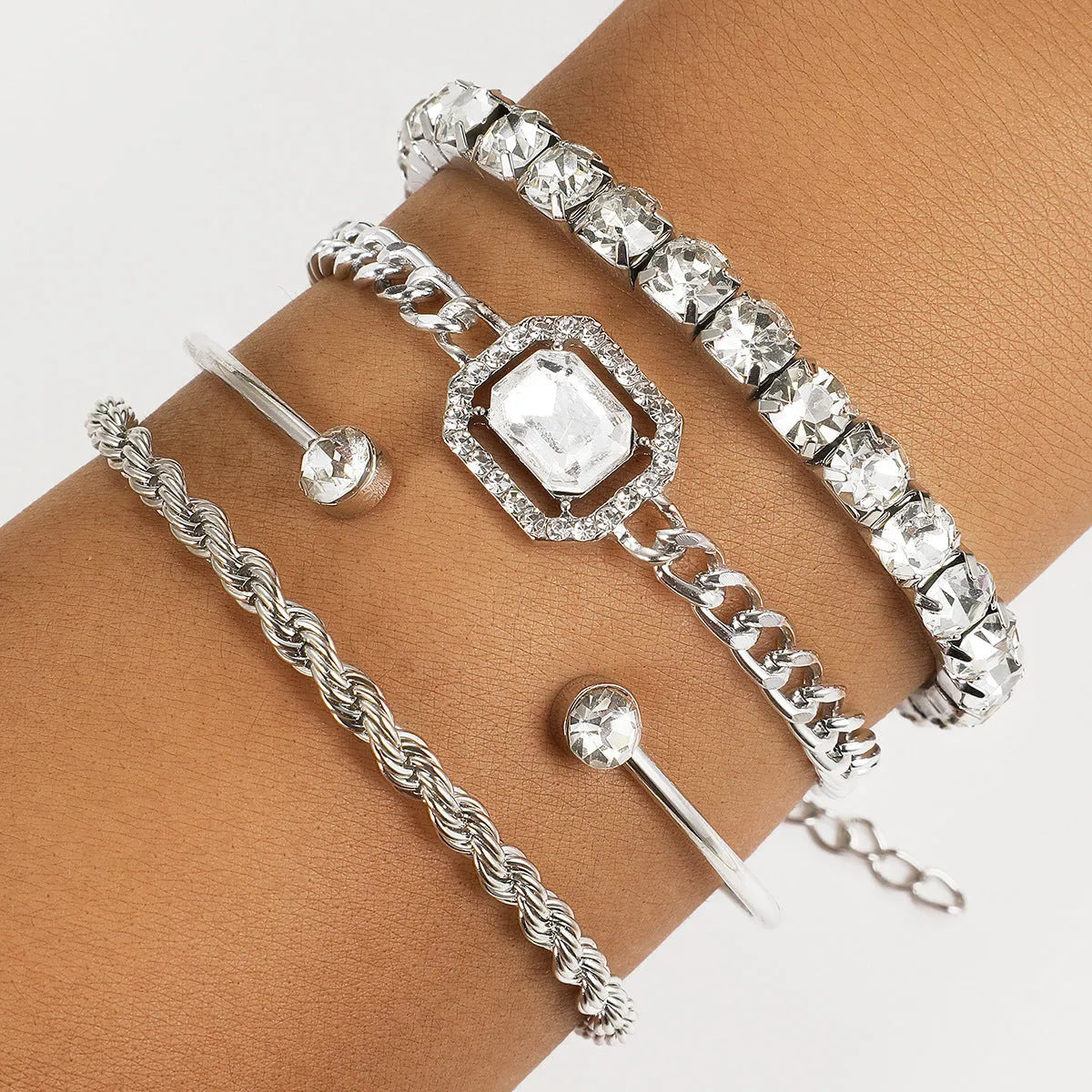 Set of 4 crystal bracelets - bohemian design, adjustable alloy, rhinestones, women's jewelry