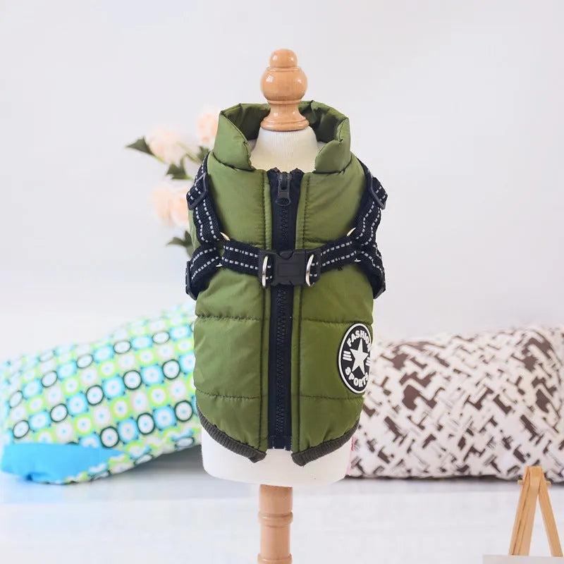 Waterproof dog coat with integrated harness in red, navy blue, or army green, shown on a dog.