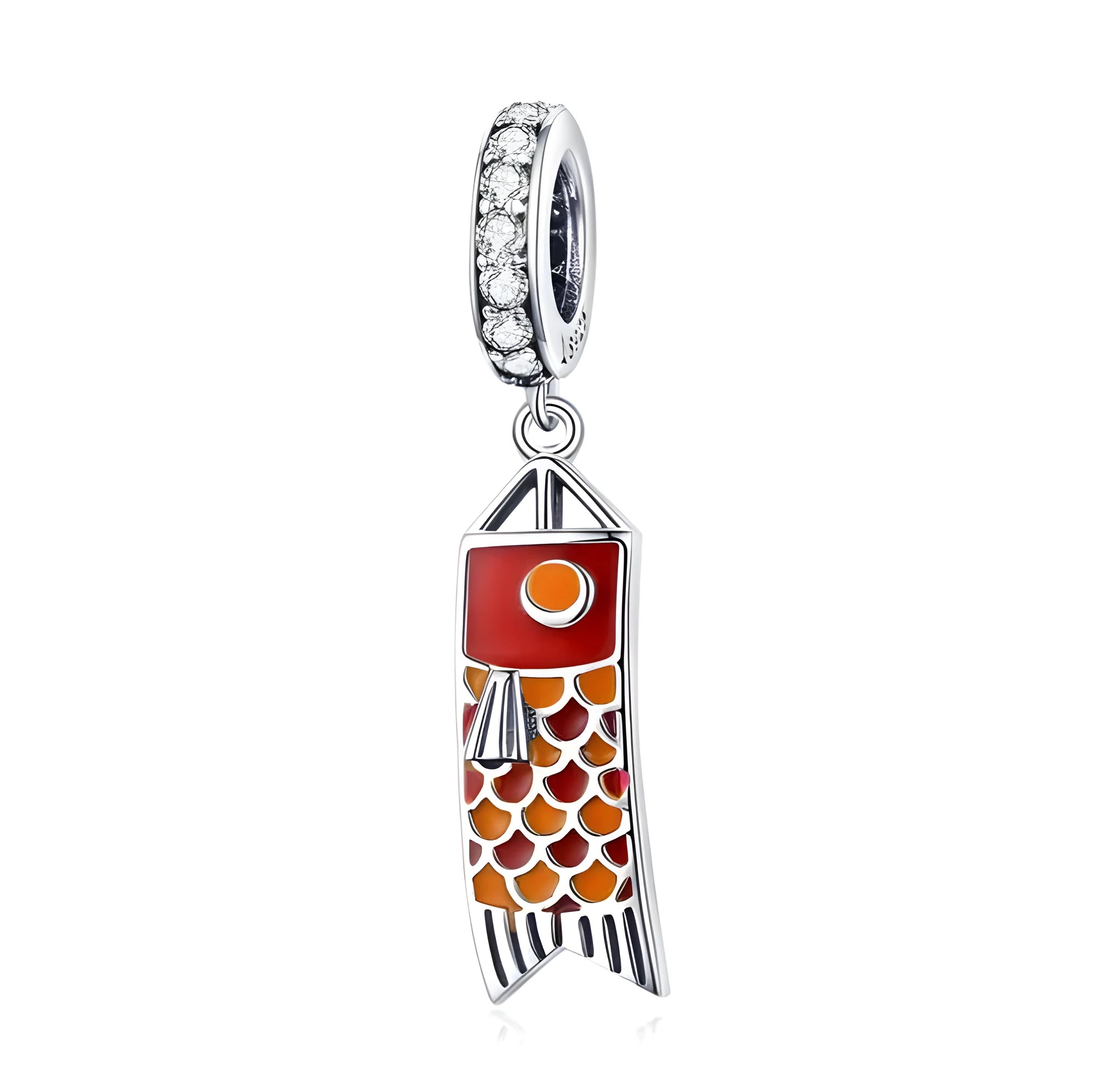 S925 sterling silver carp streamer pendant with zircon stones, measuring 2.8cm.