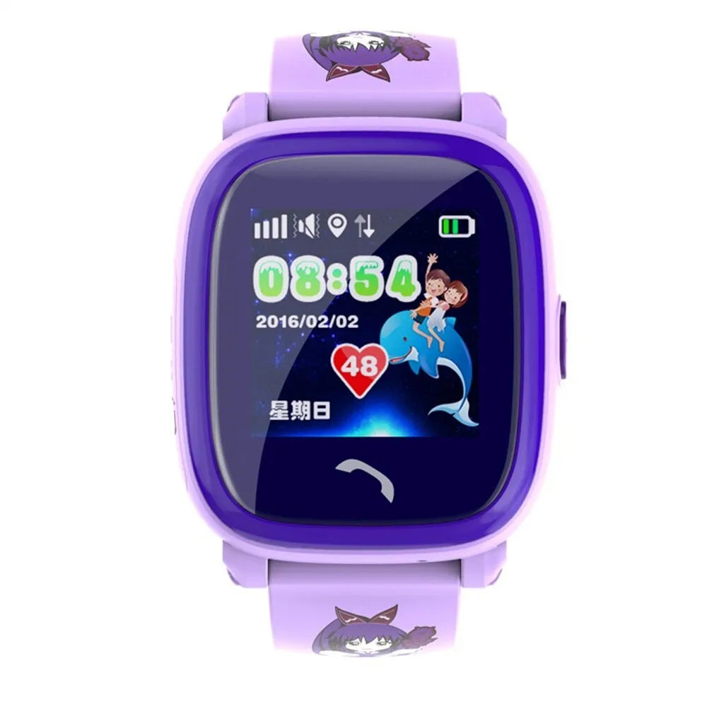 Blue children's waterproof smart watch with touch screen display and silicone wristband showing GPS tracking interface