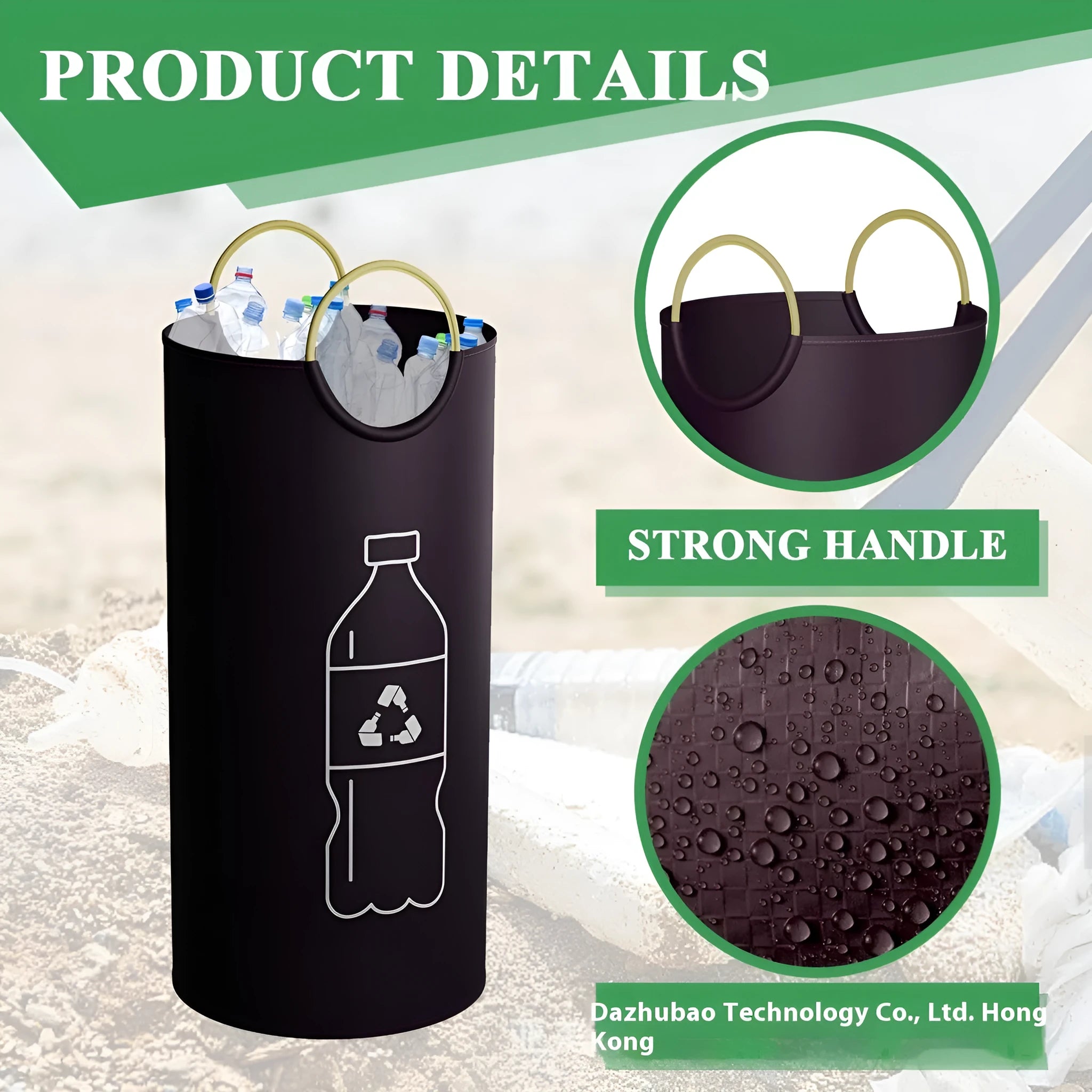 Round portable plastic trash can with dimensions 38cm diameter by 72cm height