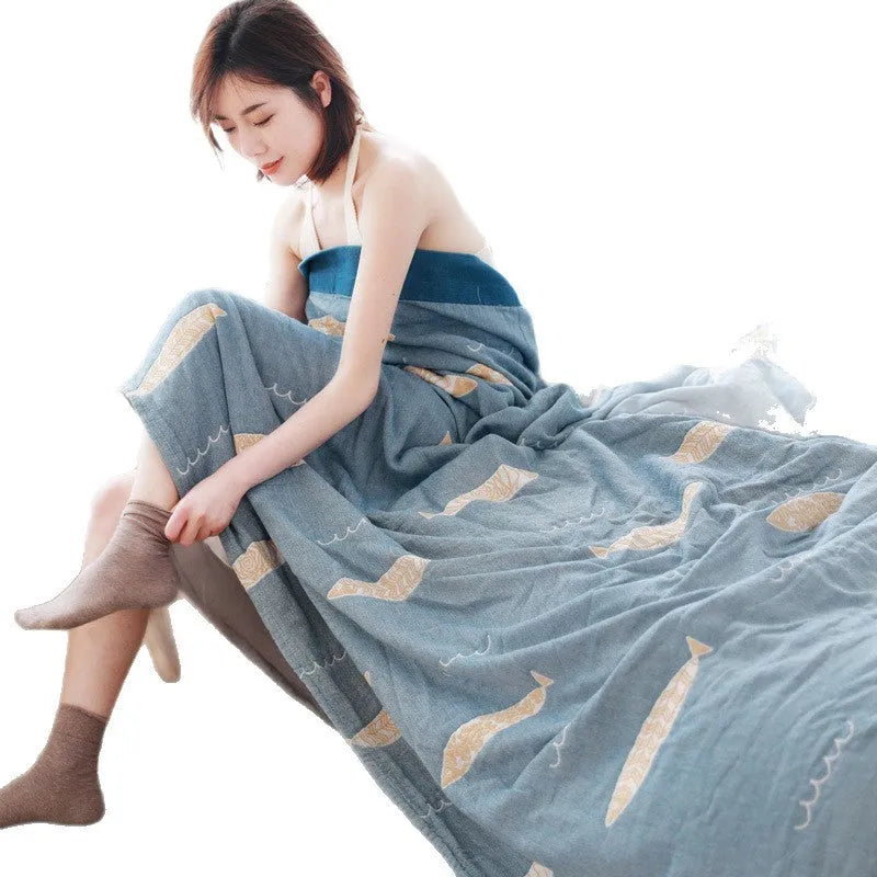 Five-layer gauze pure cotton blanket bedspread in Roulette Wheel Blue pattern