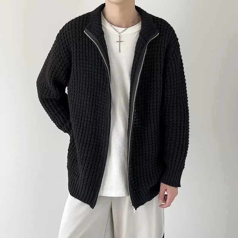 Men's autumn cardigan coat in black with loose fit and rabbit hair blend fabric