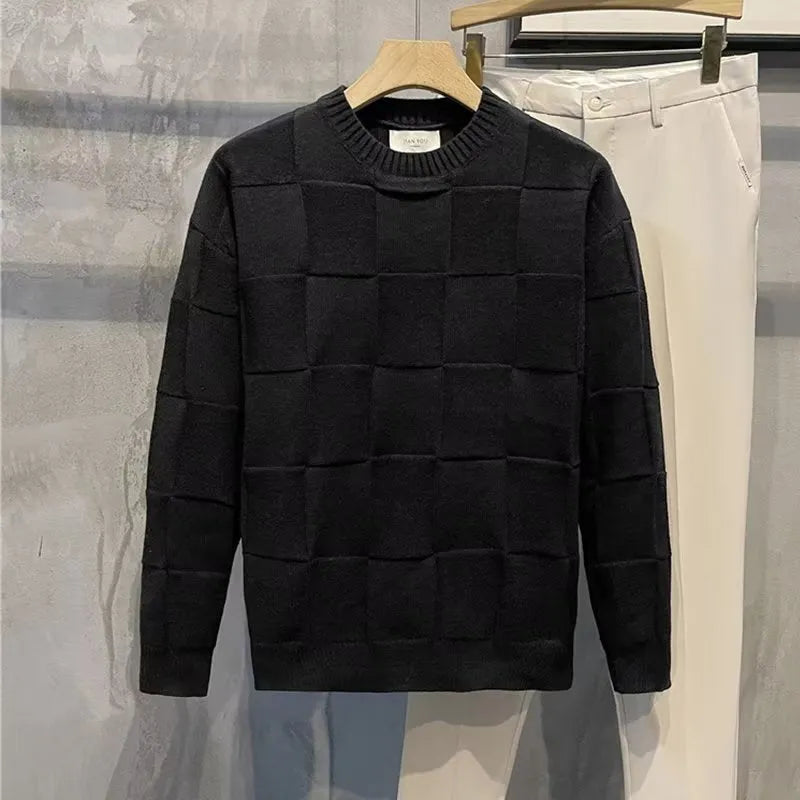 Men's round neck long sleeve bottoming sweater in rabbit fur blend, thick loose fit, colour black, front view