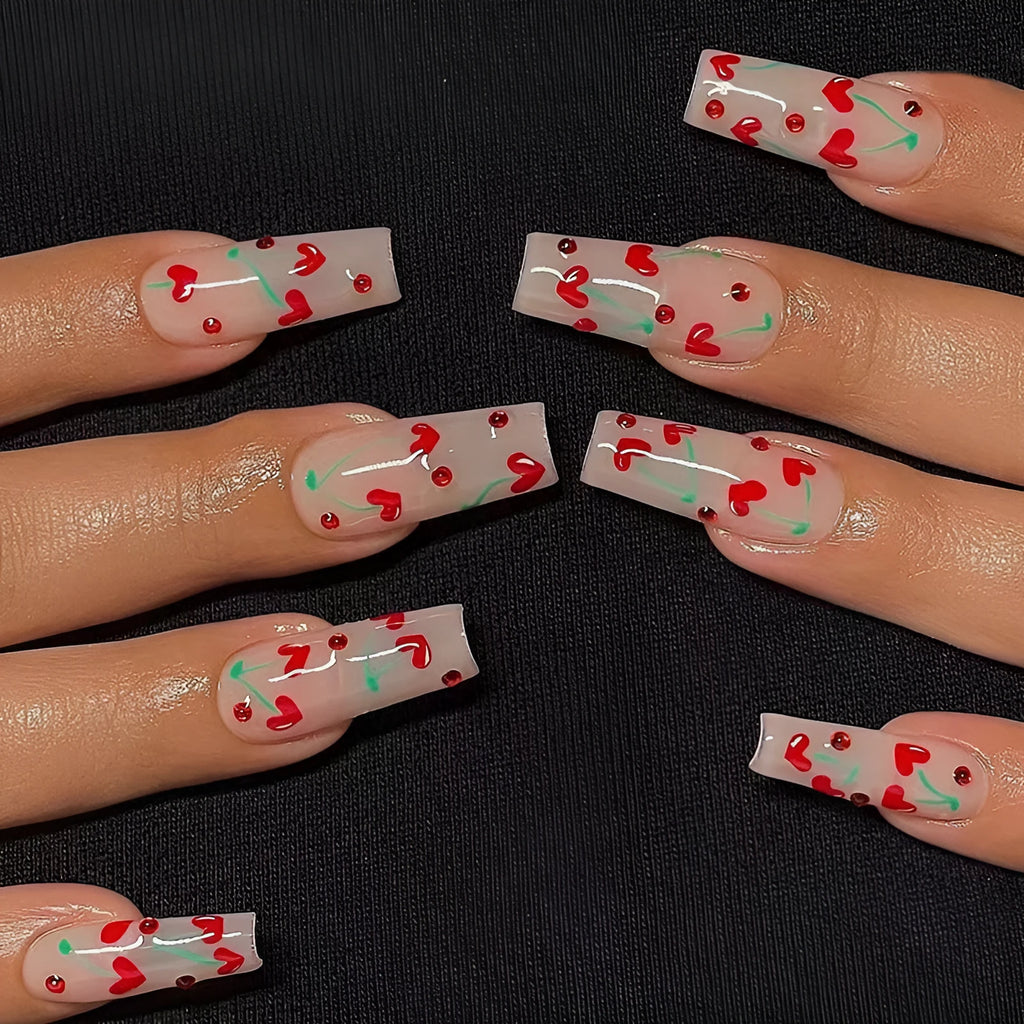 French Love Red Diamond press-on false nails set of 24 pieces with glue