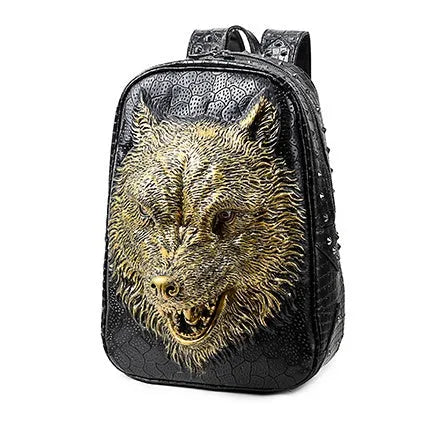 3D wolf head PU leather backpack in black with rivet details, large capacity, side view