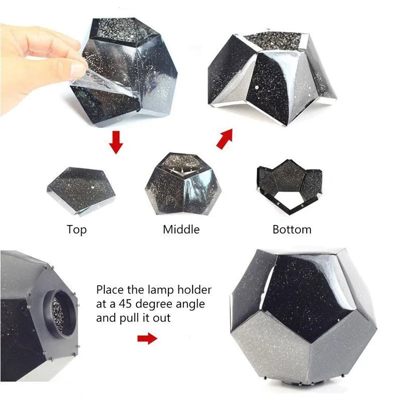 LED star projector night light showing constellation projection on a dark ceiling
