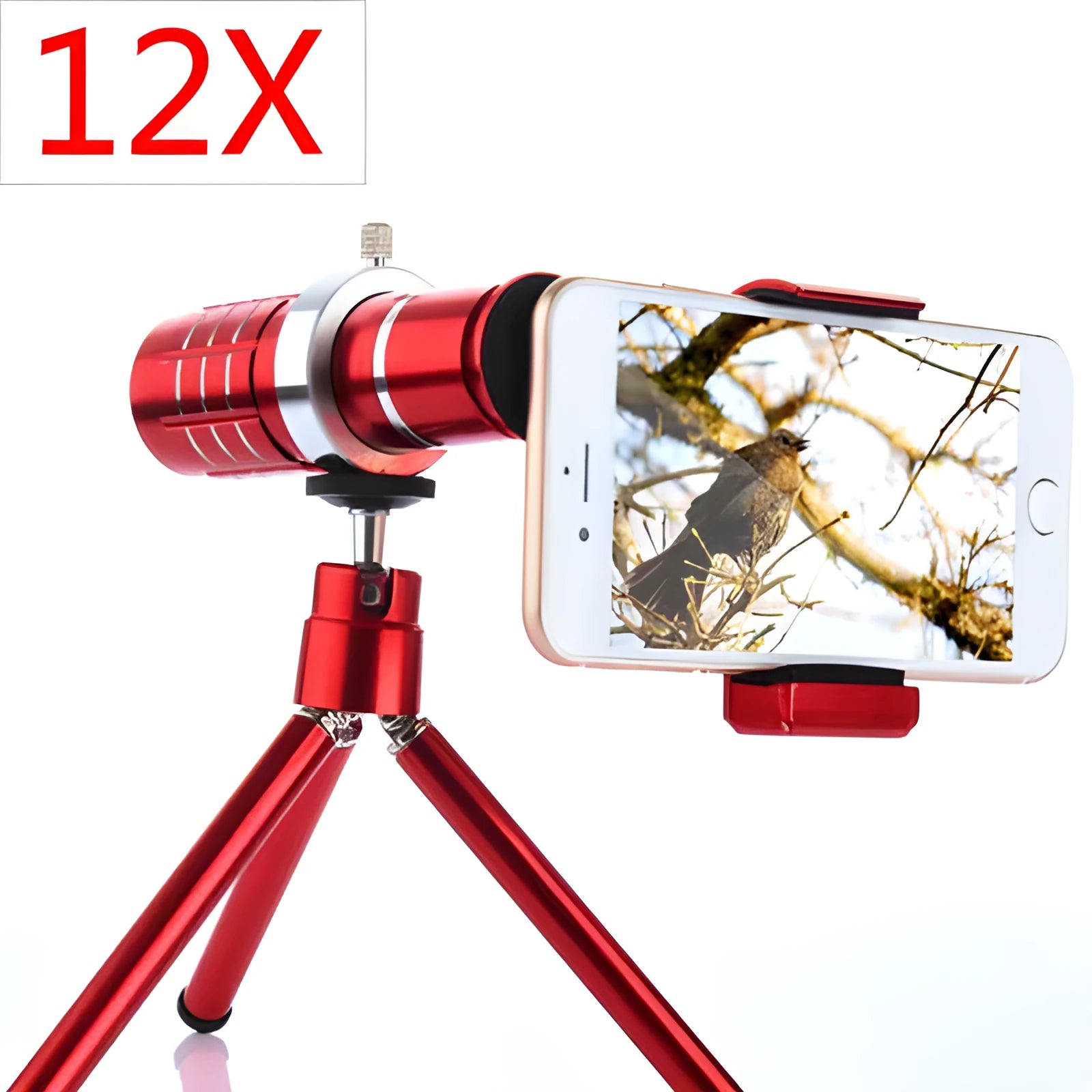 12X telephoto lens for mobile phone camera in red colour, compatible with iPhone and Samsung smartphones