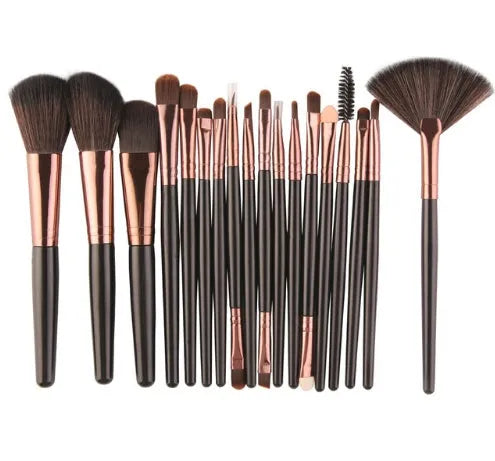 18-piece makeup brush set showing various brush shapes including fan tools for powder and contouring