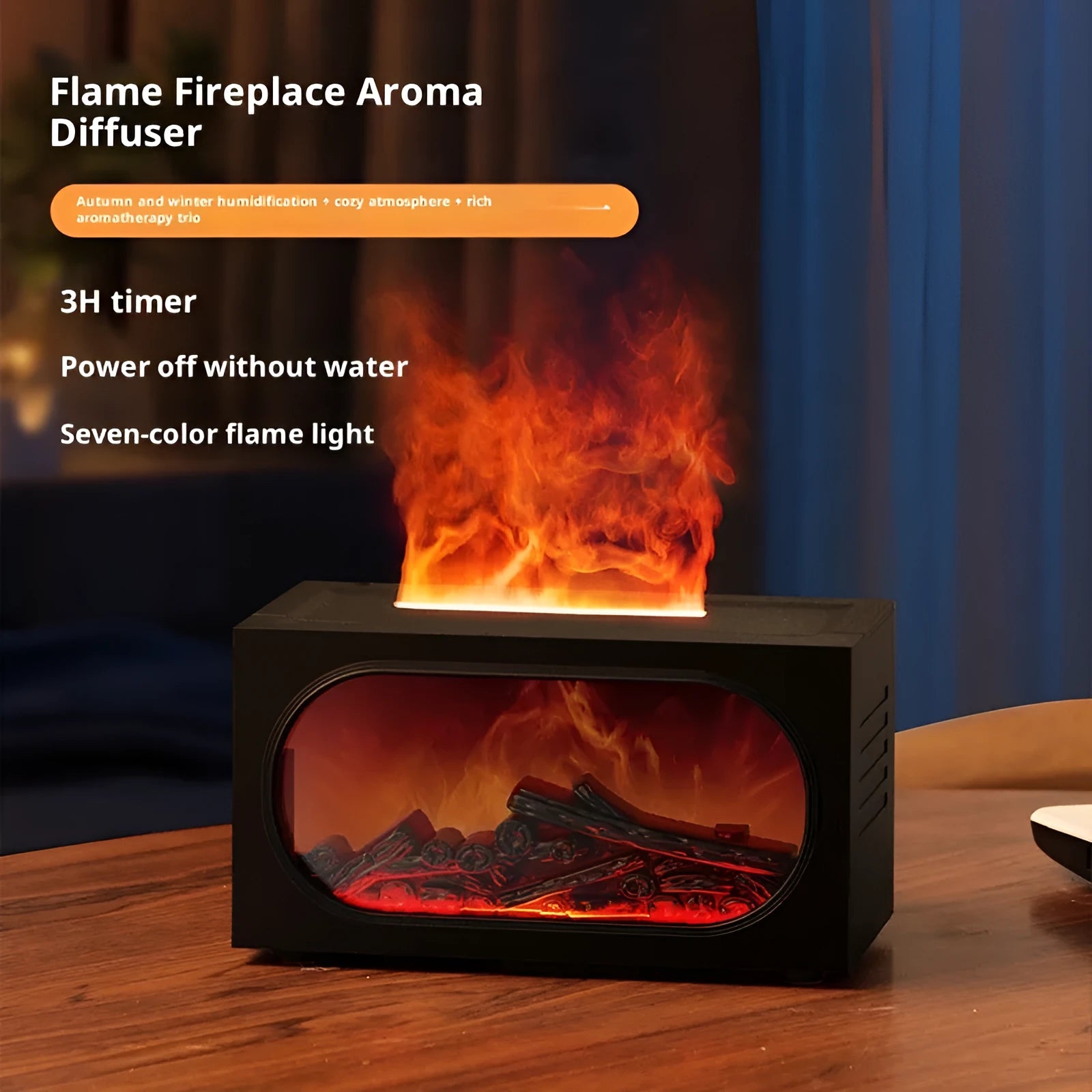 Black desktop fireplace aroma diffuser with colourful simulation flame and remote control